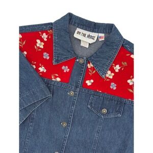 On The Verge Denim‎ Jacket Top Red Floral Vintage Size 10 USA Made Short Sleeve